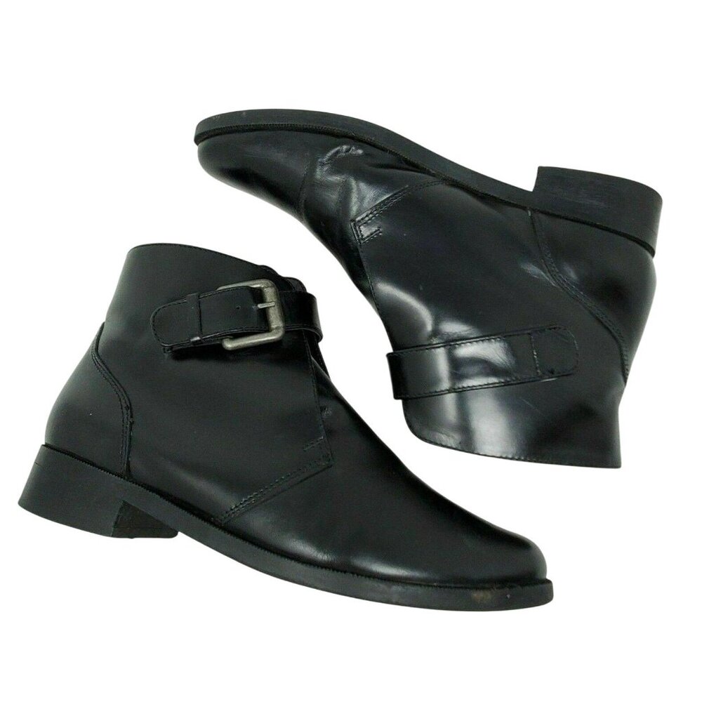Womens Vintage Black Buckle Ankle Boots Size US 5 Flat Boots Booties, 80s Boots